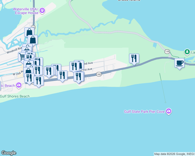 map of restaurants, bars, coffee shops, grocery stores, and more near 443 East Beach Boulevard in Gulf Shores