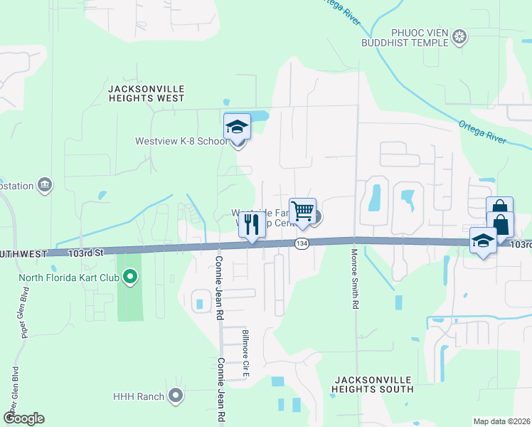 map of restaurants, bars, coffee shops, grocery stores, and more near 5291 Brighton Park Lane in Jacksonville