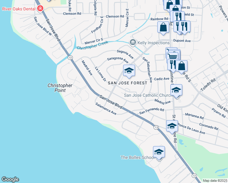 map of restaurants, bars, coffee shops, grocery stores, and more near 2640 Dupont Avenue in Jacksonville