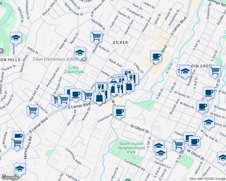 map of restaurants, bars, coffee shops, grocery stores, and more near 2017 Kinney Avenue in Austin