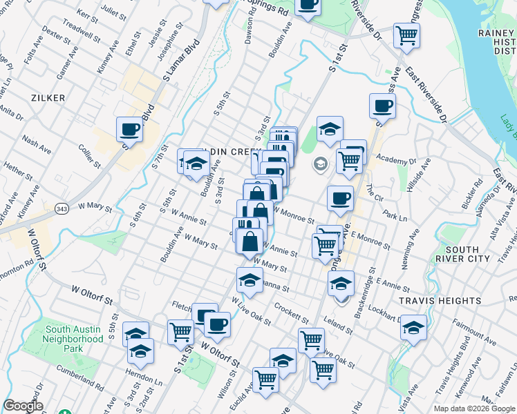 map of restaurants, bars, coffee shops, grocery stores, and more near 1603 South 1st Street in Austin