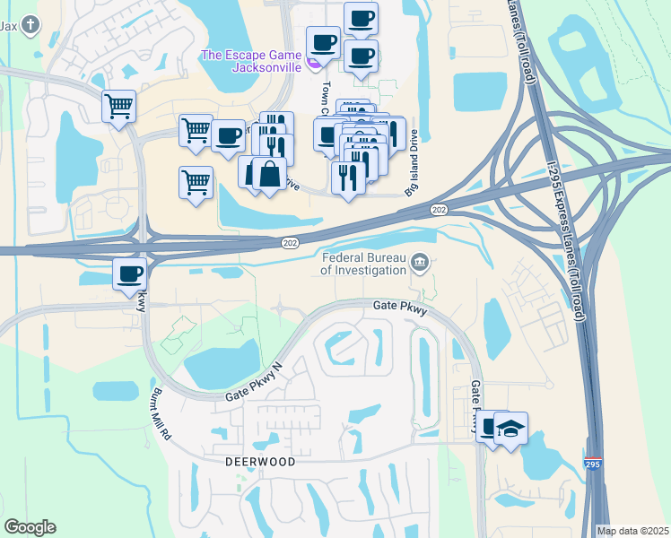 map of restaurants, bars, coffee shops, grocery stores, and more near 5335 Gate Parkway in Jacksonville