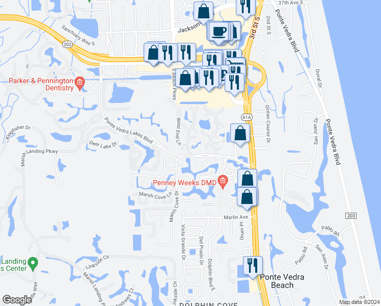map of restaurants, bars, coffee shops, grocery stores, and more near 101 Bimini Court in Ponte Vedra Beach