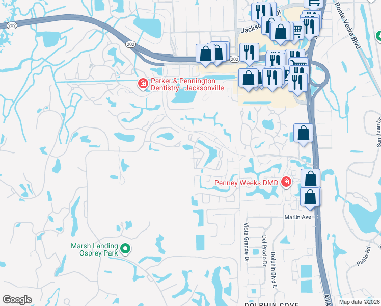 map of restaurants, bars, coffee shops, grocery stores, and more near 153 Deer Lake Drive in Ponte Vedra Beach