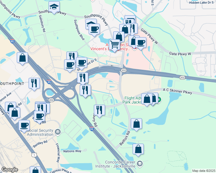 map of restaurants, bars, coffee shops, grocery stores, and more near 7102 Stonelion Circle in Jacksonville