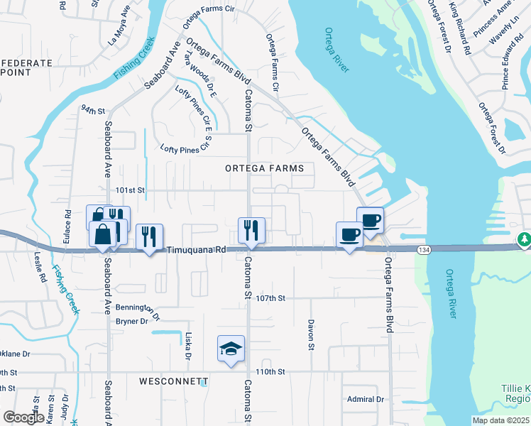 map of restaurants, bars, coffee shops, grocery stores, and more near 5327 Timuquana Road in Jacksonville