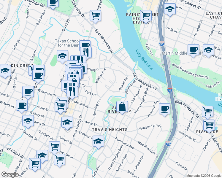 map of restaurants, bars, coffee shops, grocery stores, and more near 1401 Newning Avenue in Austin