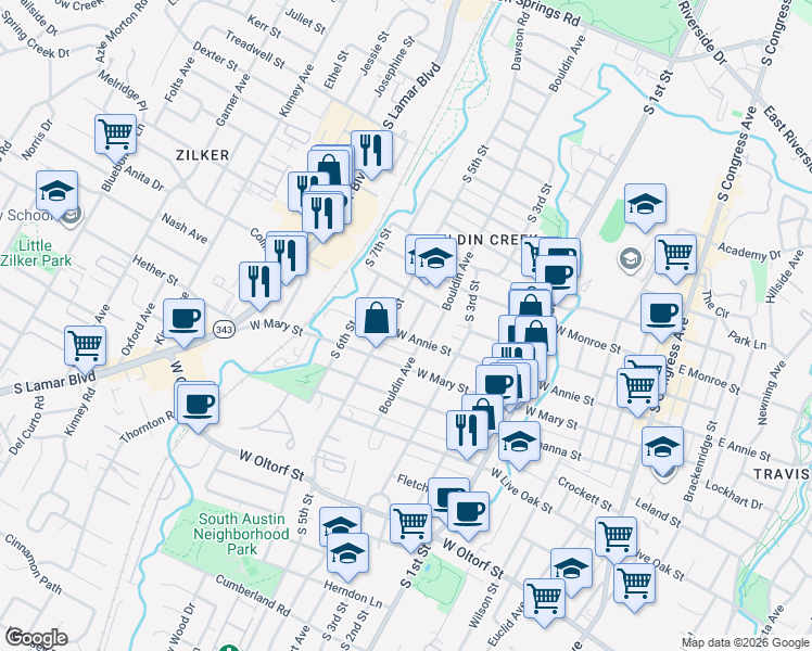 map of restaurants, bars, coffee shops, grocery stores, and more near 904 West Mary Street in Austin
