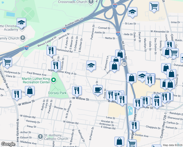 map of restaurants, bars, coffee shops, grocery stores, and more near 400 Patterson Street in Lafayette