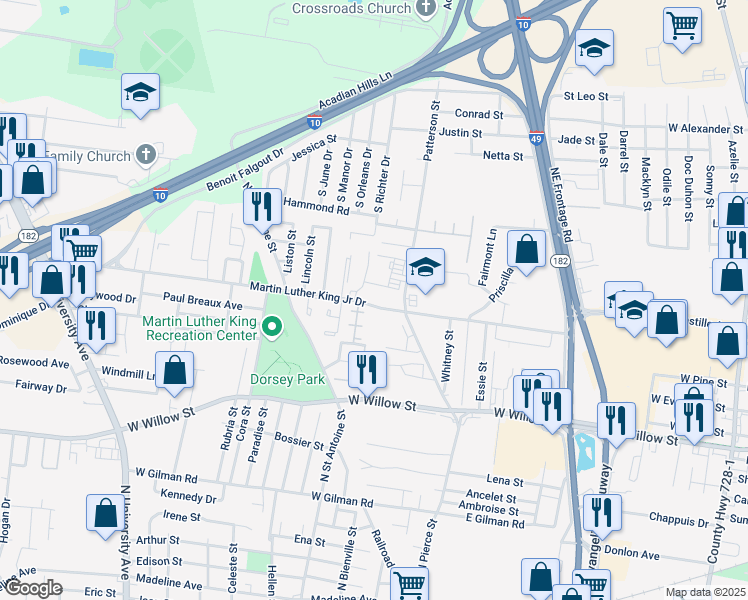 map of restaurants, bars, coffee shops, grocery stores, and more near 825 Martin Luther King Junior Drive in Lafayette
