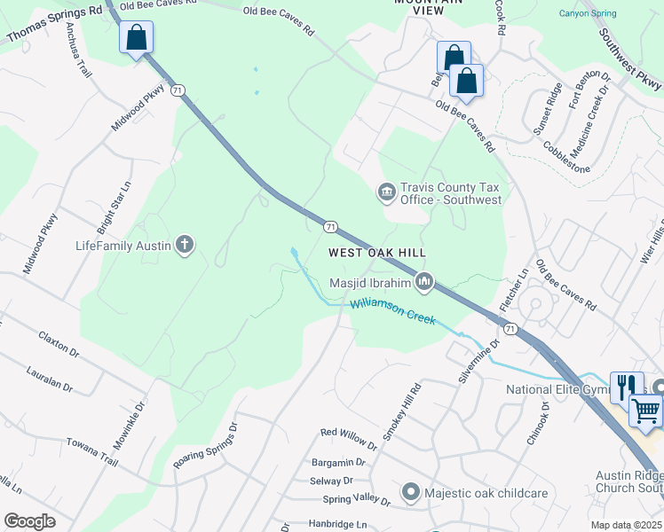 map of restaurants, bars, coffee shops, grocery stores, and more near 8715 State Highway 71 in Austin