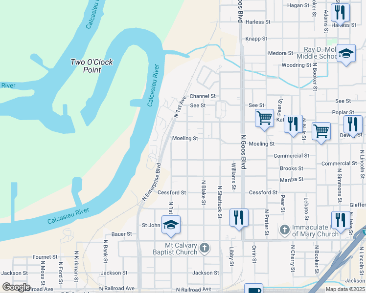 map of restaurants, bars, coffee shops, grocery stores, and more near 916 North 1st Avenue in Lake Charles