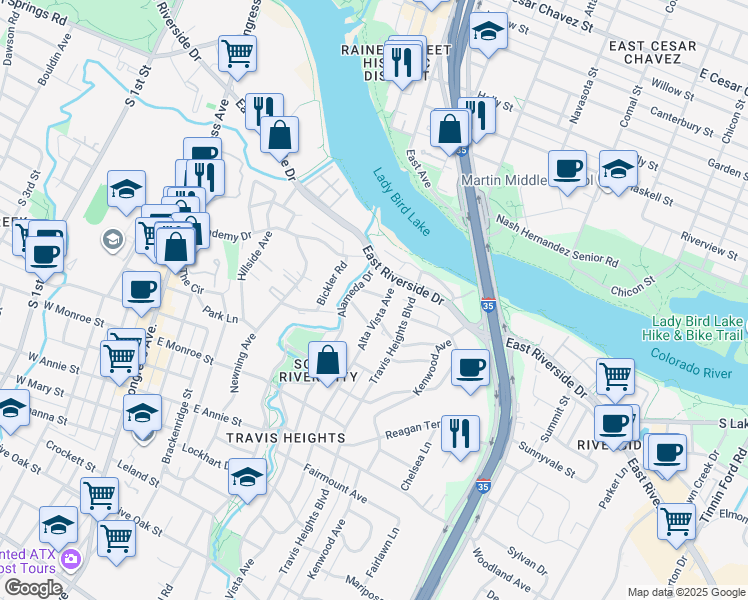 map of restaurants, bars, coffee shops, grocery stores, and more near 811 Rutherford Place in Austin
