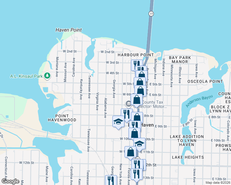 map of restaurants, bars, coffee shops, grocery stores, and more near 529 Georgia Avenue in Lynn Haven