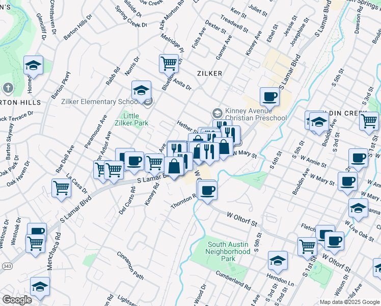 map of restaurants, bars, coffee shops, grocery stores, and more near 2100 Kinney Avenue in Austin