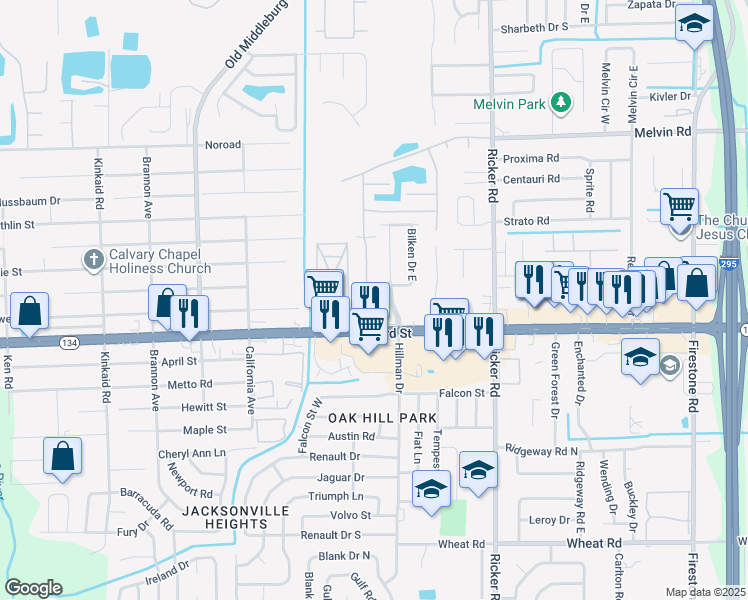 map of restaurants, bars, coffee shops, grocery stores, and more near in Jacksonville