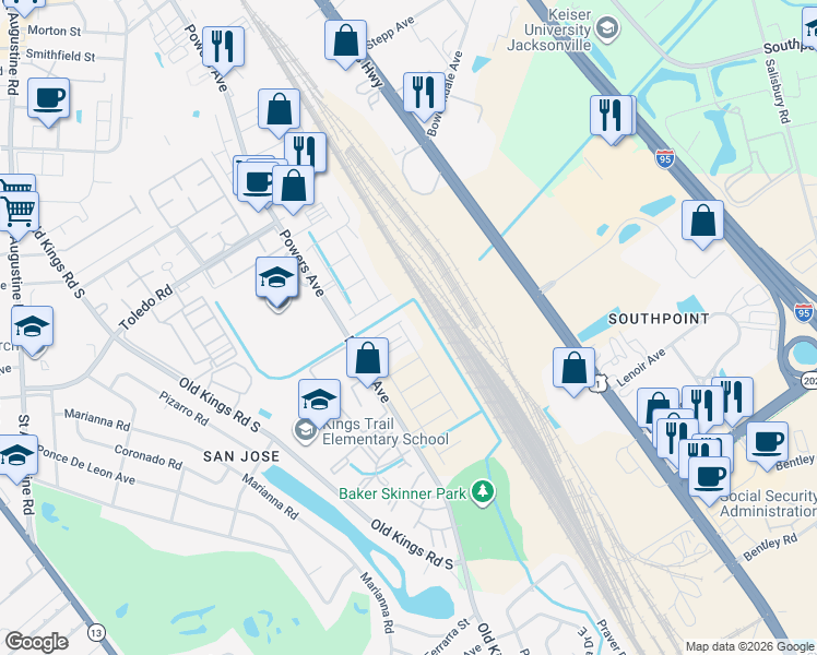 map of restaurants, bars, coffee shops, grocery stores, and more near 6543-6799 Powers Ave in Jacksonville