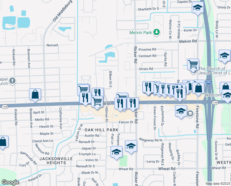 map of restaurants, bars, coffee shops, grocery stores, and more near 5335 Westchase Court in Jacksonville