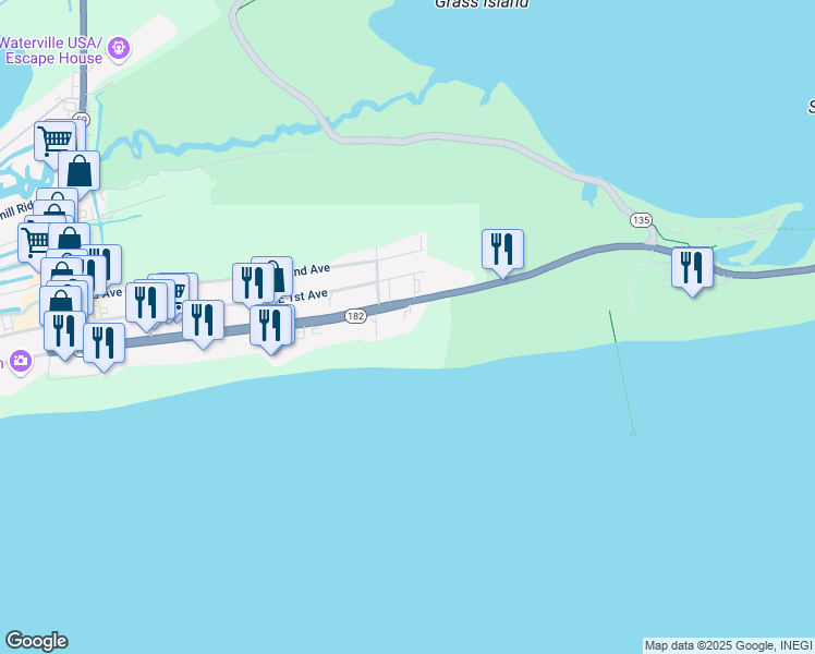 map of restaurants, bars, coffee shops, grocery stores, and more near 533 East Beach Boulevard in Gulf Shores
