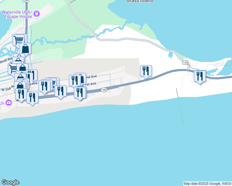 map of restaurants, bars, coffee shops, grocery stores, and more near 505 East Beach Boulevard in Gulf Shores