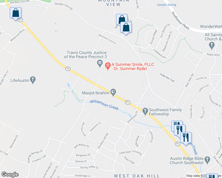 map of restaurants, bars, coffee shops, grocery stores, and more near 8600 State Highway 71 in Austin