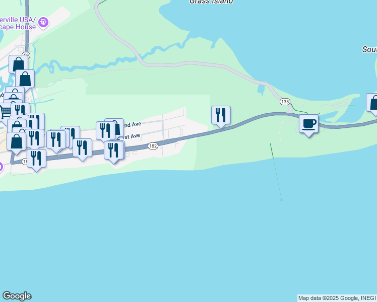 map of restaurants, bars, coffee shops, grocery stores, and more near 533 East Beach Boulevard in Gulf Shores