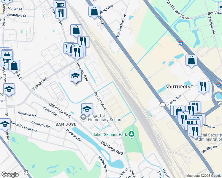 map of restaurants, bars, coffee shops, grocery stores, and more near 6543-6799 Powers Ave in Jacksonville