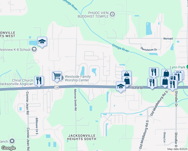 map of restaurants, bars, coffee shops, grocery stores, and more near 9455 103rd Street in Jacksonville