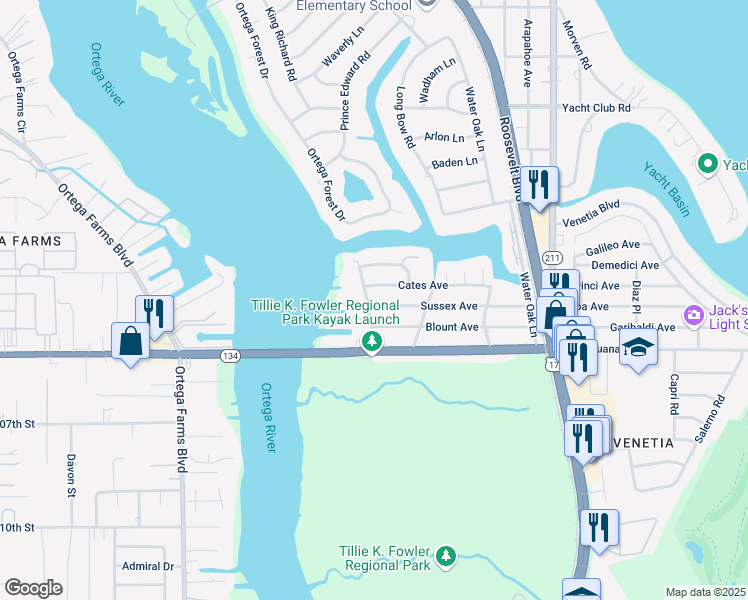 map of restaurants, bars, coffee shops, grocery stores, and more near 5217 Ortega Forest Drive in Jacksonville