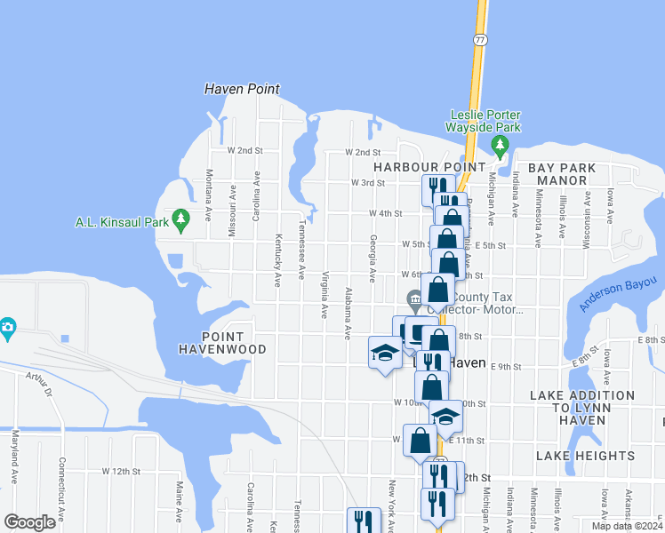 map of restaurants, bars, coffee shops, grocery stores, and more near 515 Virginia Avenue in Lynn Haven