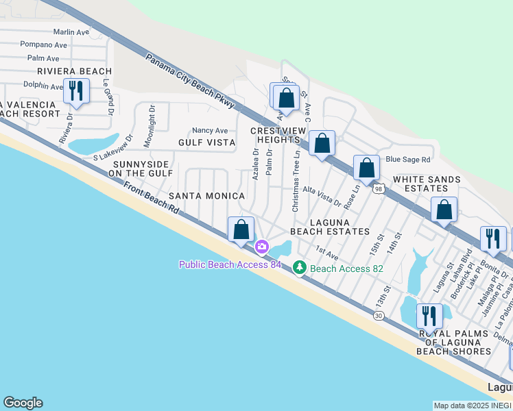 map of restaurants, bars, coffee shops, grocery stores, and more near 210 Azalea Drive in Panama City Beach