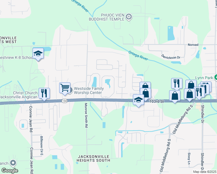 map of restaurants, bars, coffee shops, grocery stores, and more near 9455 103rd Street in Jacksonville