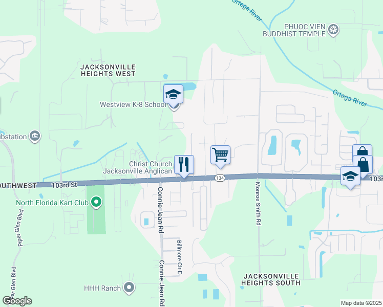 map of restaurants, bars, coffee shops, grocery stores, and more near 5285 Brighton Park Lane in Jacksonville