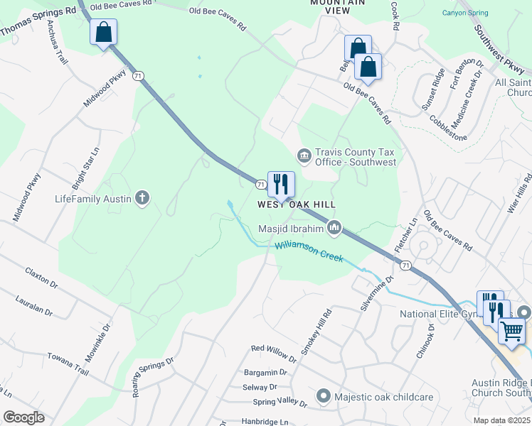 map of restaurants, bars, coffee shops, grocery stores, and more near 8715 Texas 71 in Austin