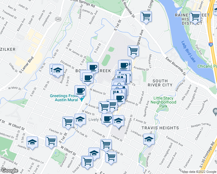 map of restaurants, bars, coffee shops, grocery stores, and more near Newton St & Elizabeth St W in Austin