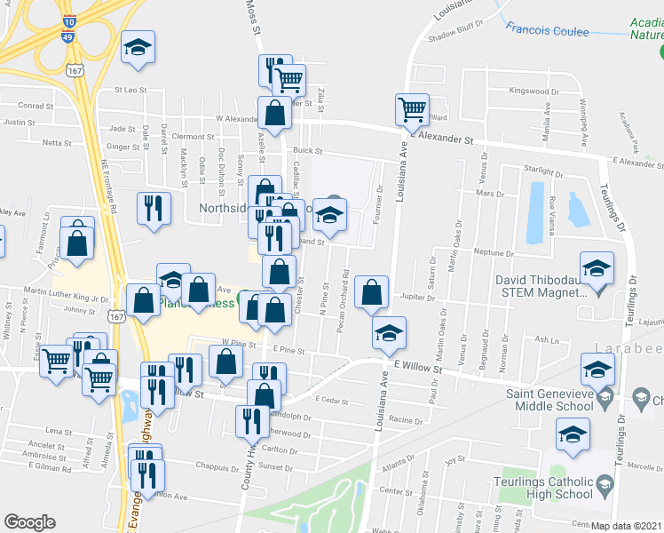 map of restaurants, bars, coffee shops, grocery stores, and more near 228 North Pine Street in Lafayette