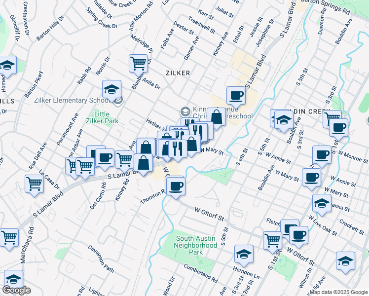 map of restaurants, bars, coffee shops, grocery stores, and more near 2028 South Lamar Boulevard in Austin