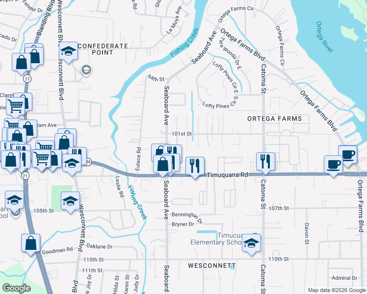 map of restaurants, bars, coffee shops, grocery stores, and more near 5256 Timawatha Avenue in Jacksonville