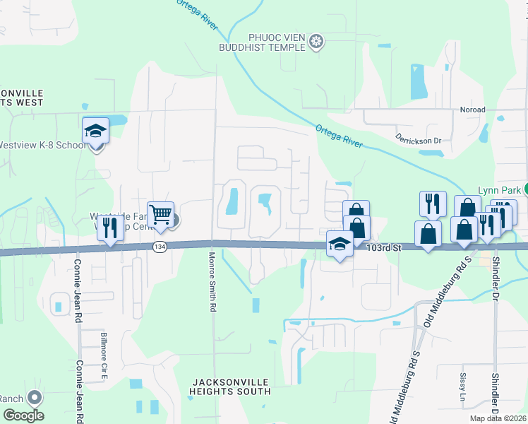 map of restaurants, bars, coffee shops, grocery stores, and more near 9455 103rd Street in Jacksonville