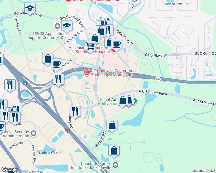 map of restaurants, bars, coffee shops, grocery stores, and more near 7019 A C Skinner Parkway in Jacksonville