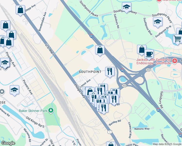 map of restaurants, bars, coffee shops, grocery stores, and more near 4888 Lenoir Avenue in Jacksonville