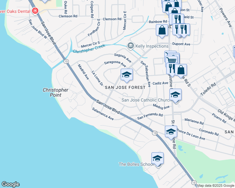 map of restaurants, bars, coffee shops, grocery stores, and more near 7053 Madrid Avenue in Jacksonville