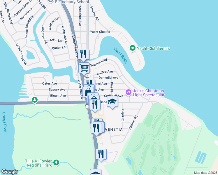 map of restaurants, bars, coffee shops, grocery stores, and more near 5416 Diaz Place in Jacksonville