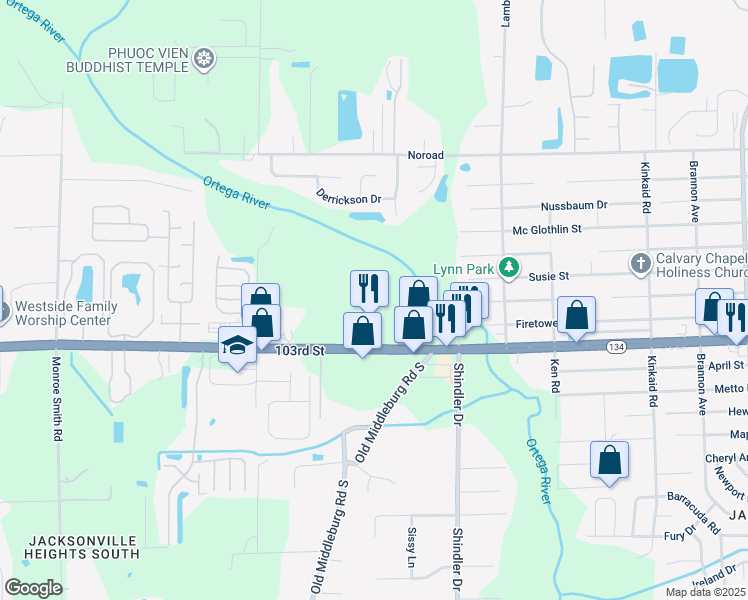 map of restaurants, bars, coffee shops, grocery stores, and more near 8885 103rd Street in Jacksonville