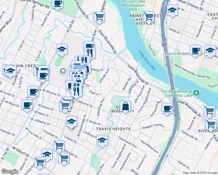 map of restaurants, bars, coffee shops, grocery stores, and more near 1401 Newning Avenue in Austin