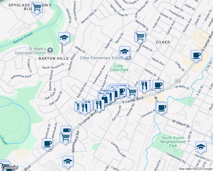map of restaurants, bars, coffee shops, grocery stores, and more near 2013 De Verne Street in Austin