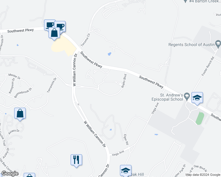 map of restaurants, bars, coffee shops, grocery stores, and more near 7171 Southwest Parkway in Austin