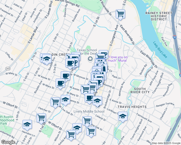 map of restaurants, bars, coffee shops, grocery stores, and more near 1455 Newton Street in Austin