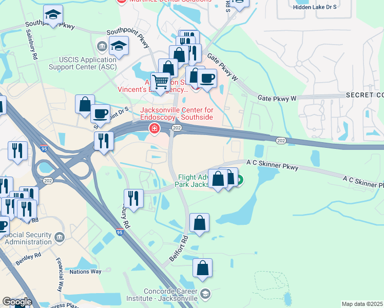 map of restaurants, bars, coffee shops, grocery stores, and more near 4875 Belfort Road in Jacksonville