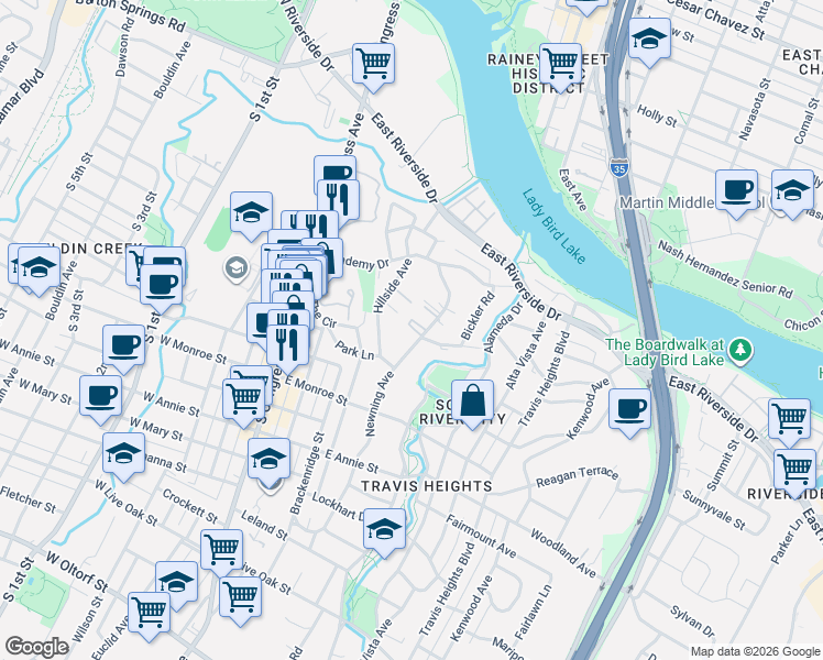 map of restaurants, bars, coffee shops, grocery stores, and more near 1314 Newning Avenue in Austin